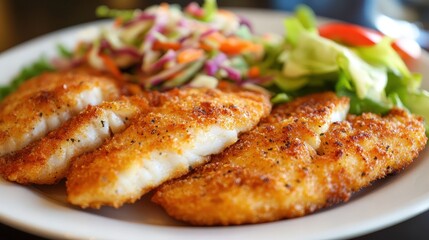 A plate of fried fish fillets with a golden-brown coating, served alongside a fresh mixed salad and a side of coleslaw