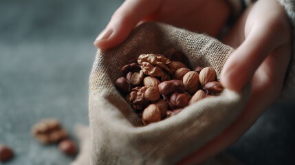 Close-up of assorted nuts in a rustic burlap sack held by hands, showcasing healthy snacks in a natural setting.