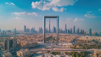 Fototapeta premium The Dubai Frame viewed from an observation deck, framing the contrast between Old Dubai and New Dubai