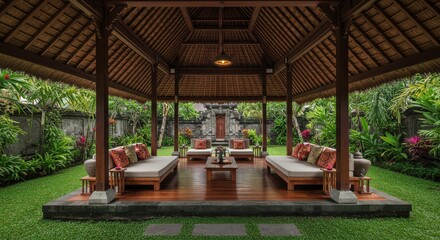 Tropical pavilion retreat serene outdoor living space with wooden architecture and lush greenery for relaxation and vacation concepts