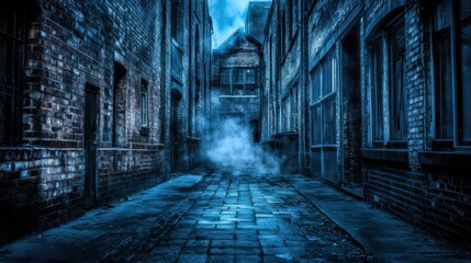 Fototapeta premium Moody Brick Alleyway Perspective with Fog and Dim Light in Urban Setting Dark Blue Tones Architecture