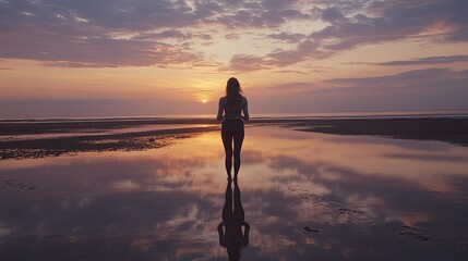 A solitary figure stands at sunrise reflecting on still water.