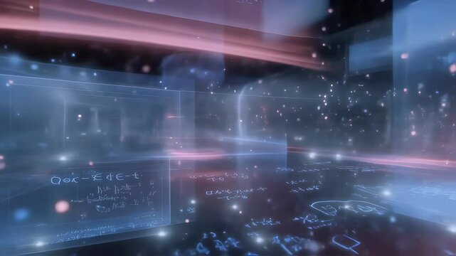 Augmented reality interface displays complex mathematical equations, suggesting advanced technological capabilities and scientific exploration in a dynamic digital environment - Powered by Adobe