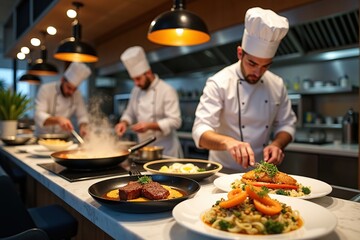 Chefs preparing meals in a professional kitchen setting.