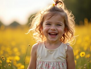 A joyful young child with sparkling eyes and a big, genuine smile, standing in a sunlit field with vibrant flowers