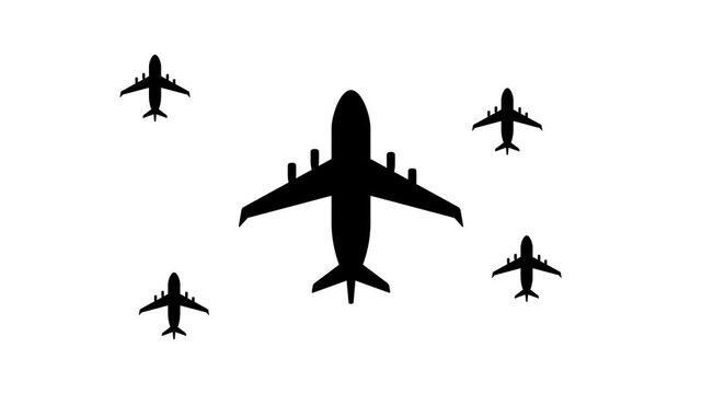 Zoom in and out animation the airplane symbol. Large black symbol in the center and four small symbols around. Seamless looped 4k animation on white background