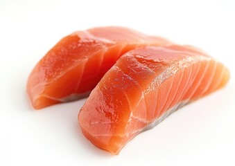 Two slices of fresh salmon fillet.  Close-up view of the vibrant red flesh, showcasing its texture and quality