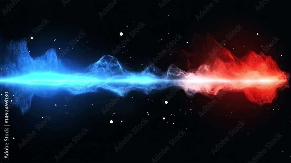 Leinwandbilder Bright neon colors create a visual spectacle with blue and red light waves interacting in a digital space. The dynamic elements suggest sound control, enhancing the immersive experience.