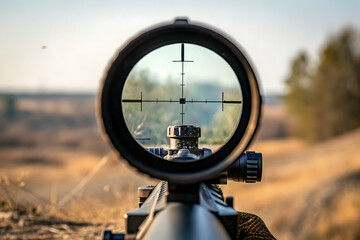 A scope view of a distant target in the crosshairs
