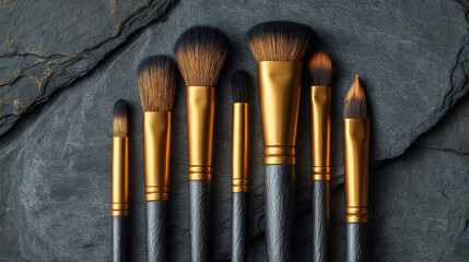 Fototapeta premium Artistic arrangement of makeup brushes with gold handles on textured stone surface, showcasing elegance and style in beauty tools. Perfect for makeup enthusiasts and professionals alike