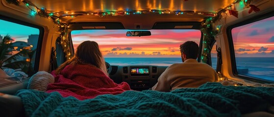 Couples romantic sunset view from a van interior.