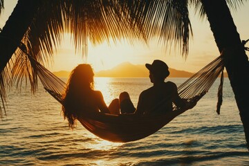 Silhouettes of two people relaxing in a hammock at sunset.