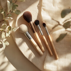 Soft makeup brushes arranged on natural wooden surface, surrounded by delicate foliage, create serene and neutral toned product scene that evokes sense of calm and beauty