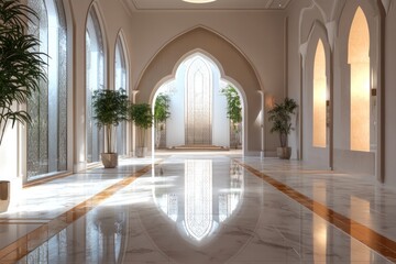 Elegant light filled hallway with arched doorways featuring an interior design with plants