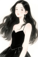 Naklejka premium arafed drawing of a woman with long hair wearing a black dress