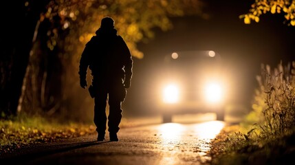 Fototapeta premium Mysterious figure walking alone on a dark road illuminated by headlights at night, evoking tension and intrigue in outdoor night scene