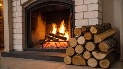 Cozy fireplace with burning logs and neatly stacked firewood beside it.