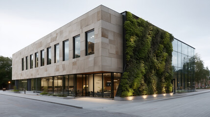 Obraz premium Modern Architectural Marvel: A striking contemporary building with a vibrant green wall, harmoniously blends design and nature. This architectural masterpiece is a testament to sustainable design