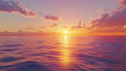 Fototapeta premium The warm golden light of the sun setting over the ocean, casting a shimmering reflection on the water and painting the sky with rich hues of orange, pink, and purple