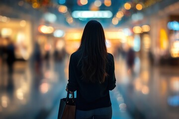 Woman walking alone in a blurred city mall at night