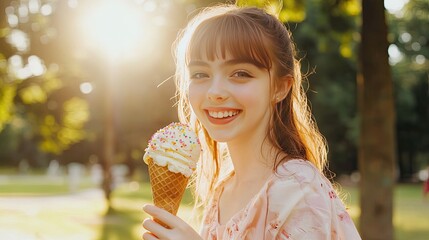 Smiling girl enjoying a waffle cone ice cream outdoors.