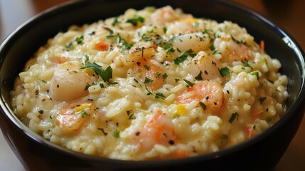 A seafood risotto with shrimp, scallops, and mussels, cooked to creamy perfection and finished with a touch of lemon zest and fresh herbs