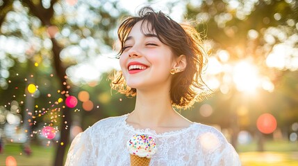 A joyful young woman in a park holds an ice cream cone.