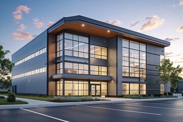Obraz premium Modern Distribution Center Facade with Office Compartment: Contemporary Architectural Design and Exterior Features