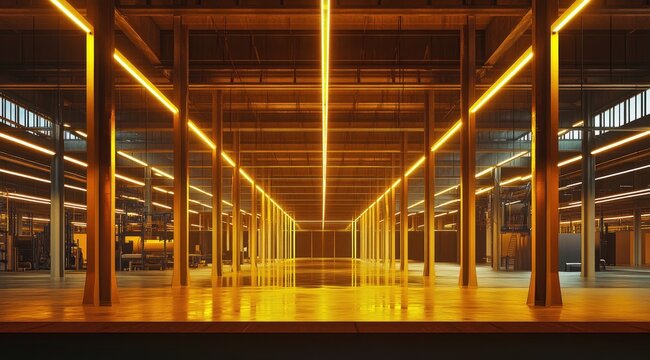 Industrial warehouse bathed in warm golden light