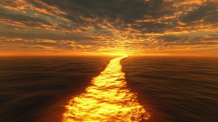 Warm rays of sunset light stretching across an endless ocean, creating a golden path to the horizon