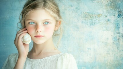Close-up portrait of a young girl holding a seashell.