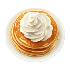 Fluffy pancake stack topped with whipped cream, isolated on white transparent background. Concept of tasty breakfast or dessert treat