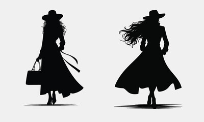 Silhouette of a Stylish Woman Walking in Coat and Hat
