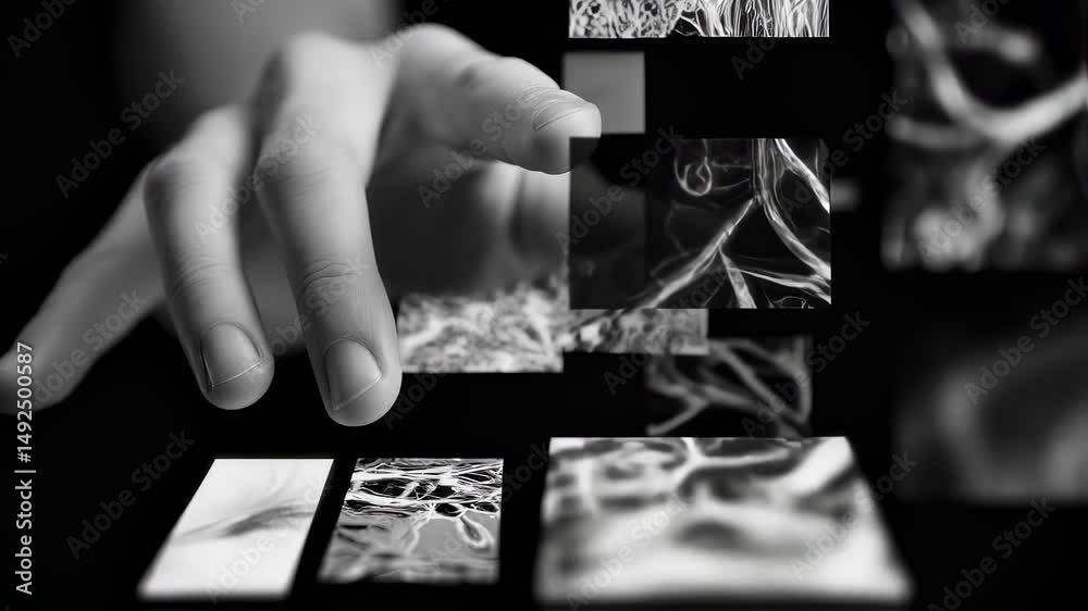 Poster human hand interacting with a futuristic touchscreen interface, selecting and manipulating digital c