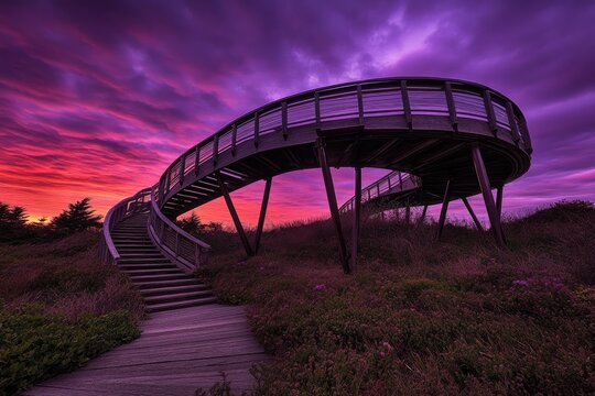 Curved wooden walkway at sunset