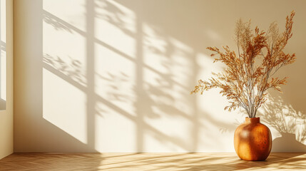 Vase with dried flowers sits in a room with a window. The room is empty and the vase is the only object in the room