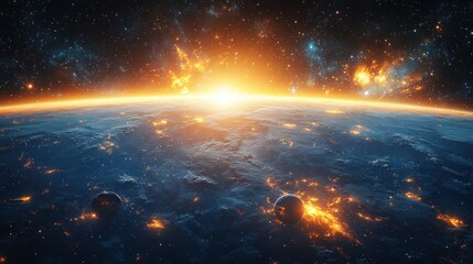 Cosmic sunrise over a distant planet