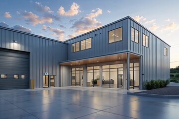 Naklejka premium Contemporary Export Depot with Office Space and Streamlined Exterior Design