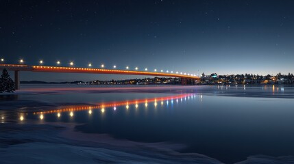 Fototapeta premium Night cityscape illuminated bridge over frozen river
