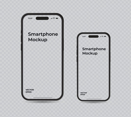 Smart phone mockup collection with transparent screens. Device front view with shadow. 3D mobile phone on transparent background. Vector eps10.