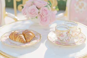 Elegant Breakfast Still Life with Croissants and Coffee in Floral China on Marble Tabletop