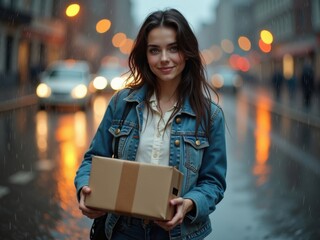 Mujer joven parada bajo la lluvia, sosteniendo una caja de cartón ligeramente mojada y luciendo esperanzada a pesar de la tormenta