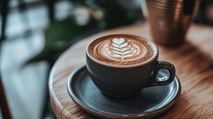 Close-up of a latte art design on a dark coffee cup.