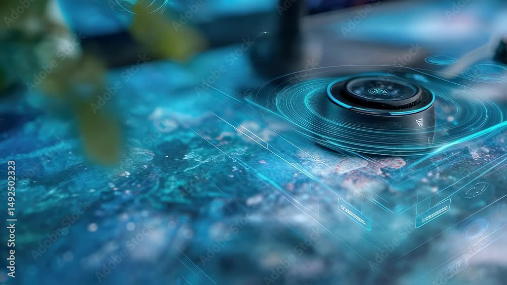 Poster futuristic smart speaker processes data on an augmented reality holographic interface, visualizing c