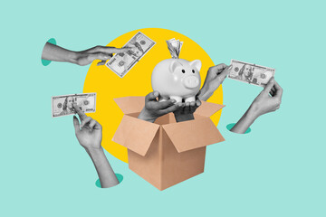 3D photo collage template trend sketch of project finance capital venture development hand appear carton box hold piggy collect banknote
