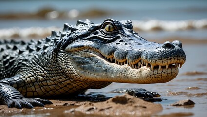 Obraz premium Profile of a nile crocodile resting by water