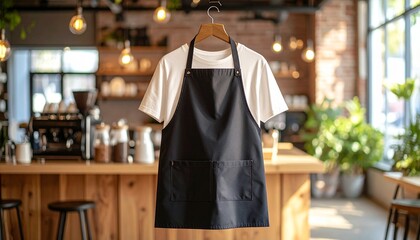Cafe Attire: A neatly arranged white tee and black apron hang, symbolizing service and preparation in a cozy cafe, evoking warmth and culinary craftsmanship.