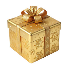 Gold Gift Box with Bow and Snowflake Design, Isolated on Transparent Background, Holiday Present, Christmas Gift, Gift, Present, Holiday
