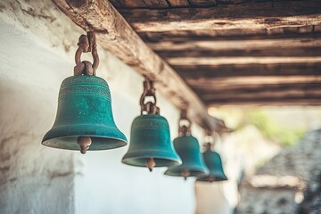 Obraz premium Antique turquoise bells hanging on wooden beams