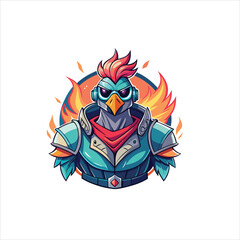 Illustration of a cartoon bird character with flames in the background